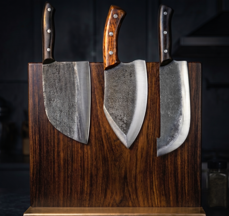 Meat Lover's Set hand forged BBQ knives on a wooden stand