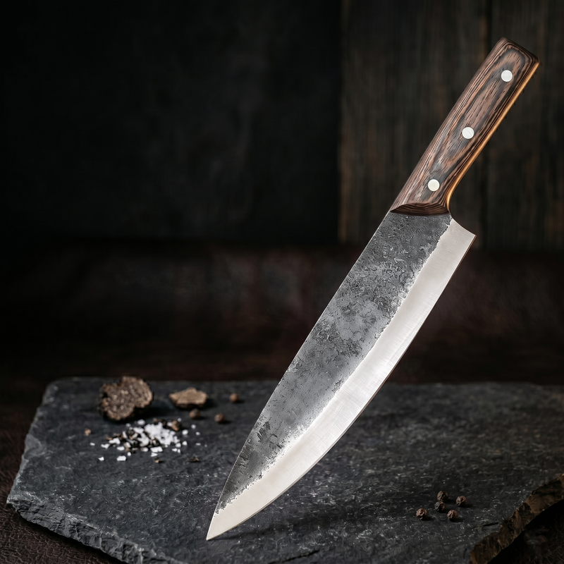 Ironclad 8.7 inch hand forged chef knife with hand hammered spine