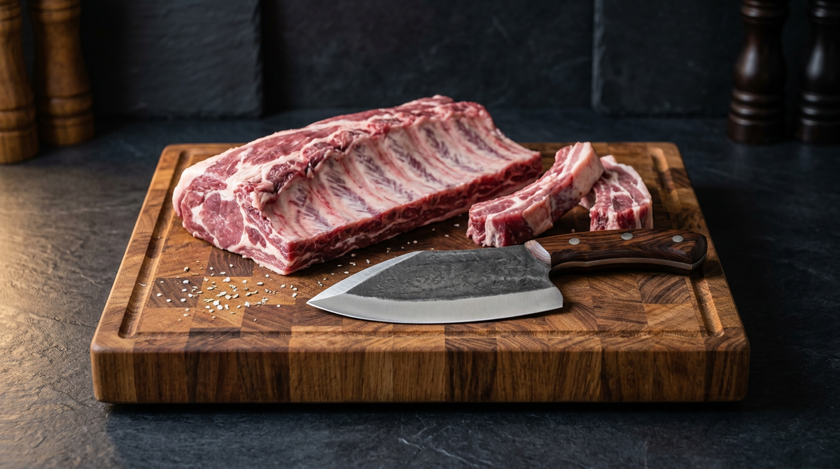 Kodiak 8 inch hand forged butcher cleaver on an end grain board beside a raw rack of pork ribs