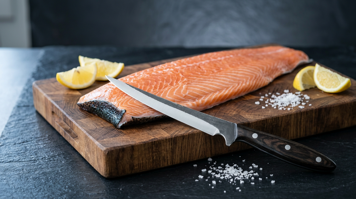 Barracuda hand forged fillet knife beside a raw side of salmon on a wooden board
