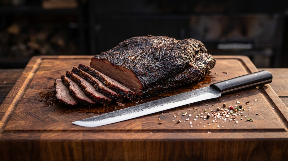 Mamba hand forged brisket slicing knife beside a smoked brisket cut into even slices