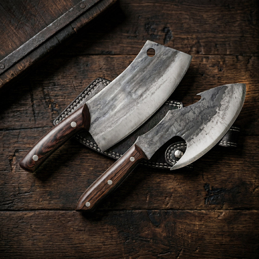 Megalodon hand forged meat cleaver, close view of raw forge scale and finger hole