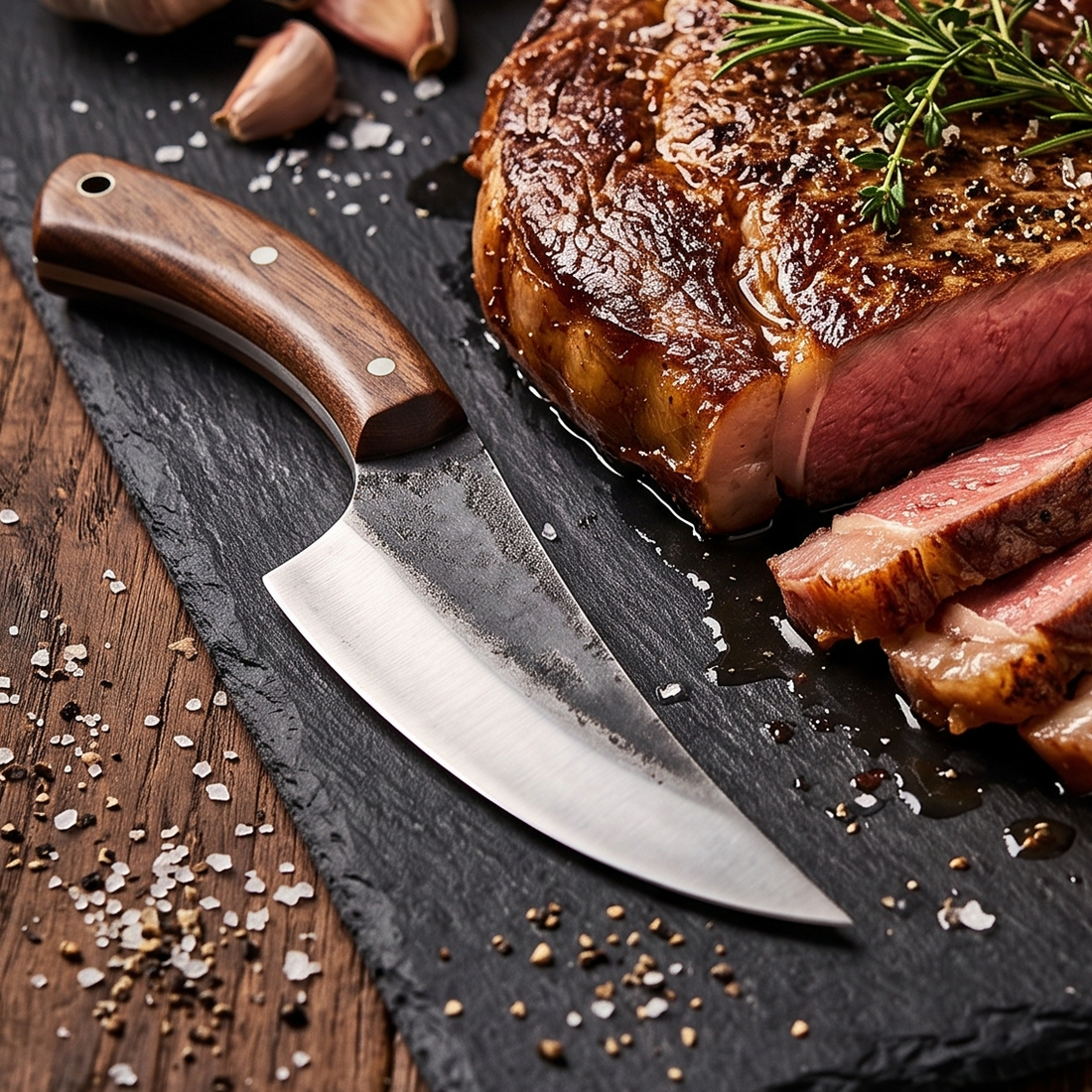 Hellfang small butcher knife in high carbon steel with raw forge finish, alternate angle