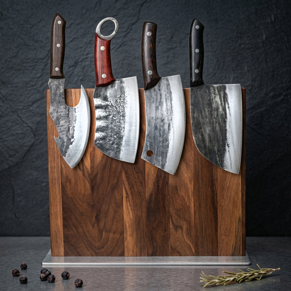 Megalodon high carbon steel meat cleaver with wenge wood handle, angled view