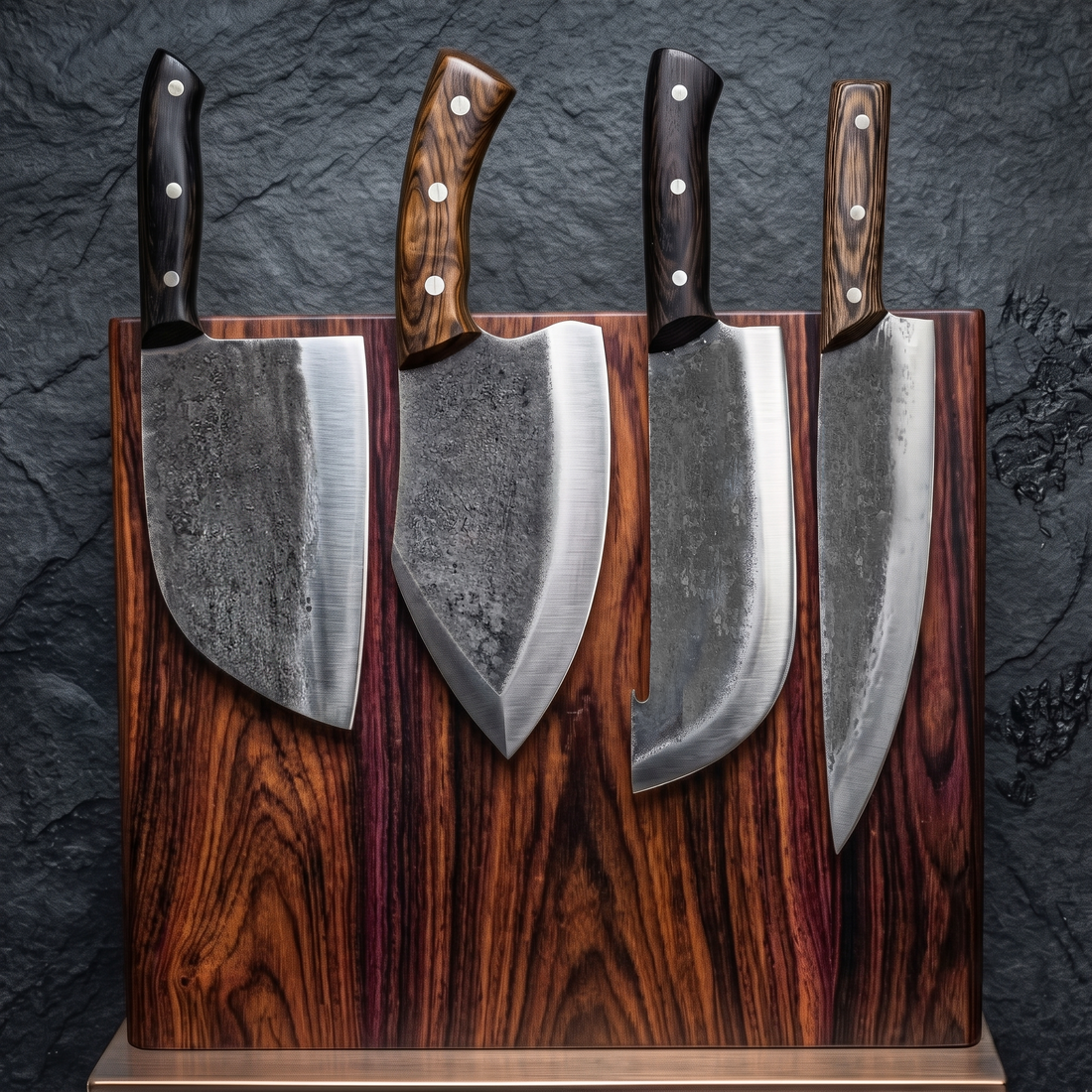 Mastercraft hand forged knife set laid out in a kitchen, 9 inch chef knife and cleavers