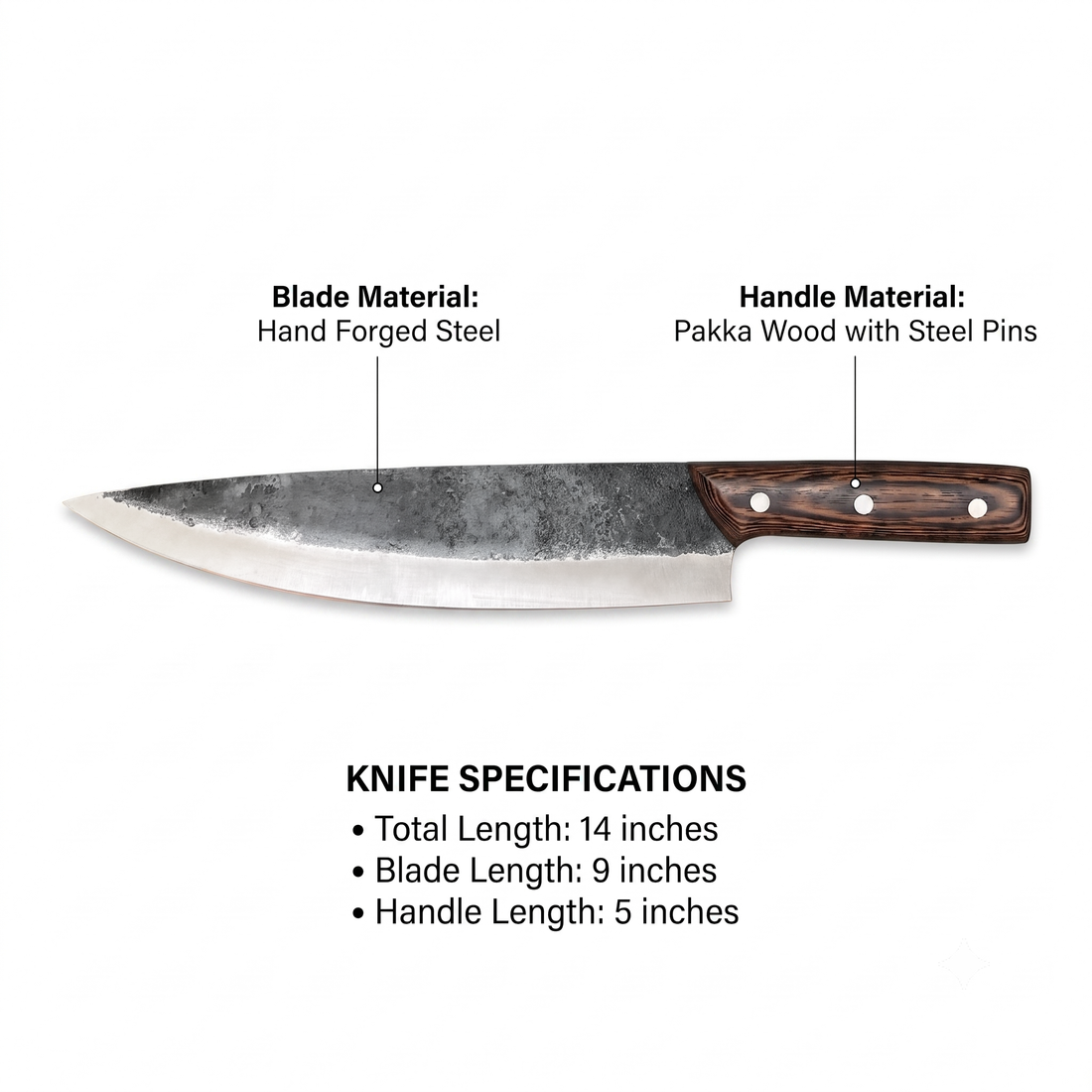 Ironclad large hand forged chef knife, 13.7 inch overall length, full product view