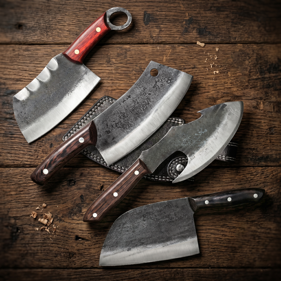 4 piece hand forged chef knife and cleaver set in high carbon steel, full set view
