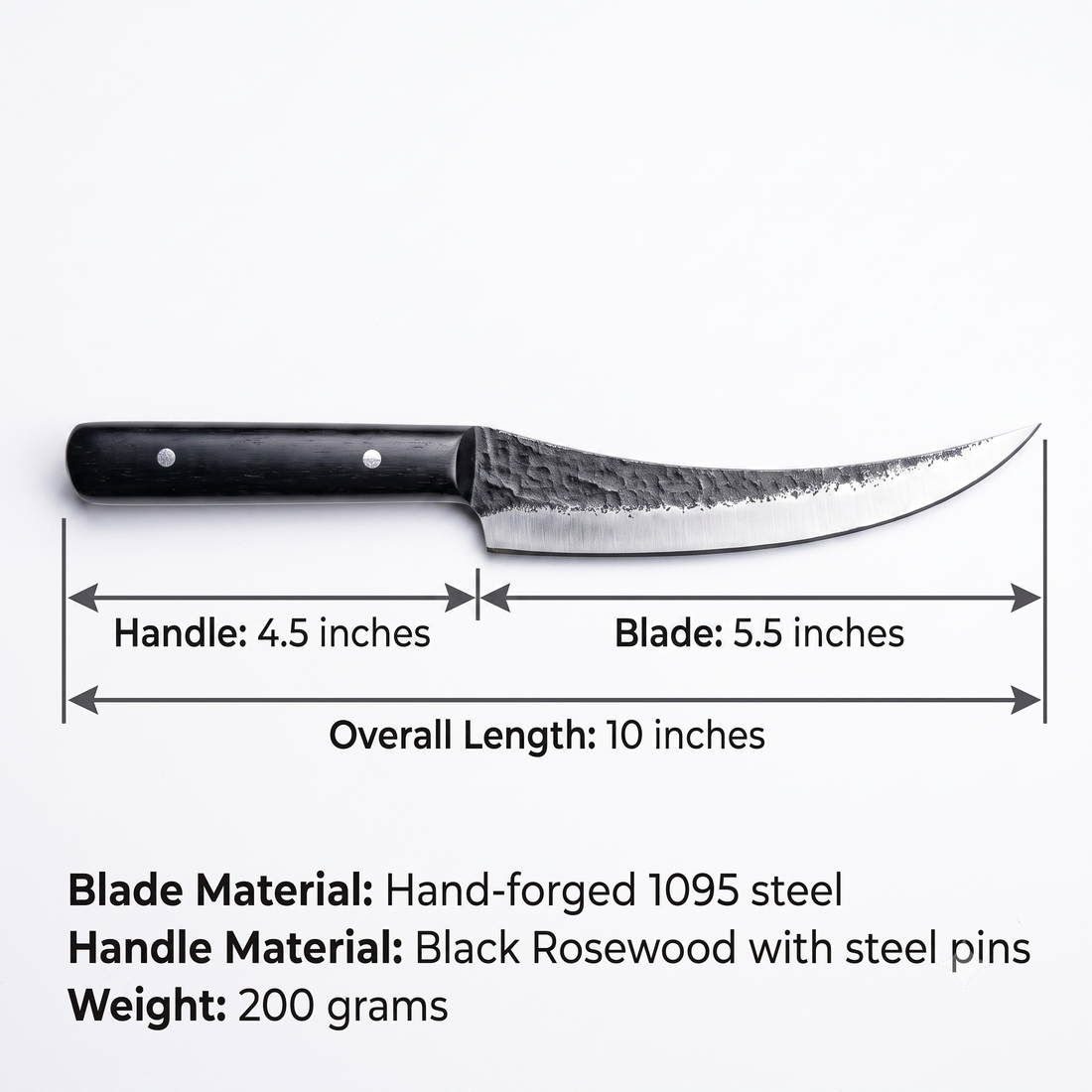 Mako hand forged boning knife with trailing point high carbon steel blade, side view