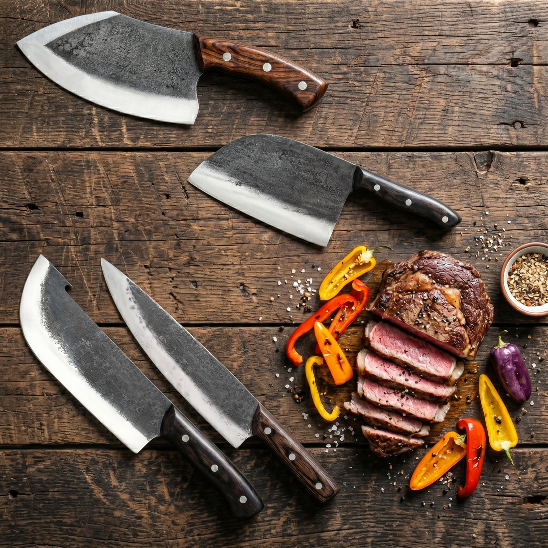 Mastercraft hand forged set with fish and steak cutter, sheep foot and drop point cleavers