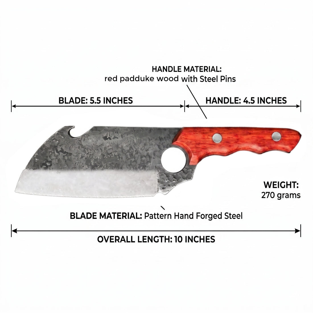 Small hand forged cleaver with finger hole and red Padauk wood handle, side view