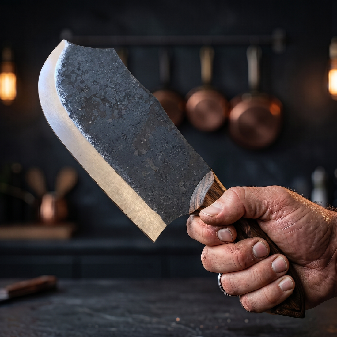 Rhino hand forged cleaver with walnut wood handle, side view of the blade