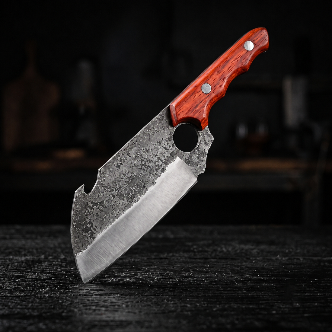 Hand forged 5.5 inch small clip point cleaver with red Padauk handle, main view