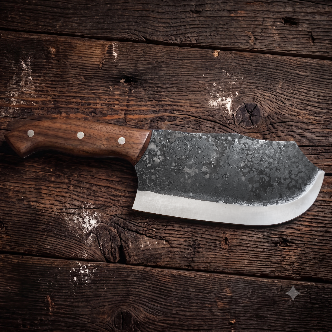 Rhino handmade cleaver knife, angled view of the deep belly and polished edge