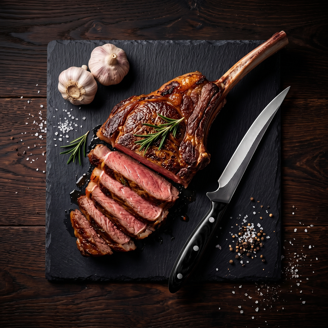 Barracuda hand forged fillet knife with black handle, lifestyle photo with food