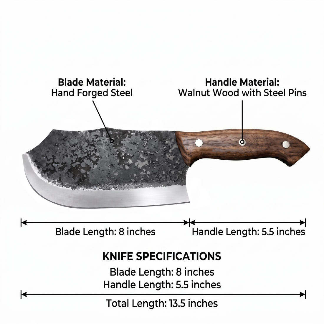 Rhino 8 inch cleaver shown with measurements, high carbon steel and walnut handle