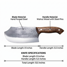 Rhino 8" Hand Forged Cleaver, High Carbon Steel, Walnut Handle