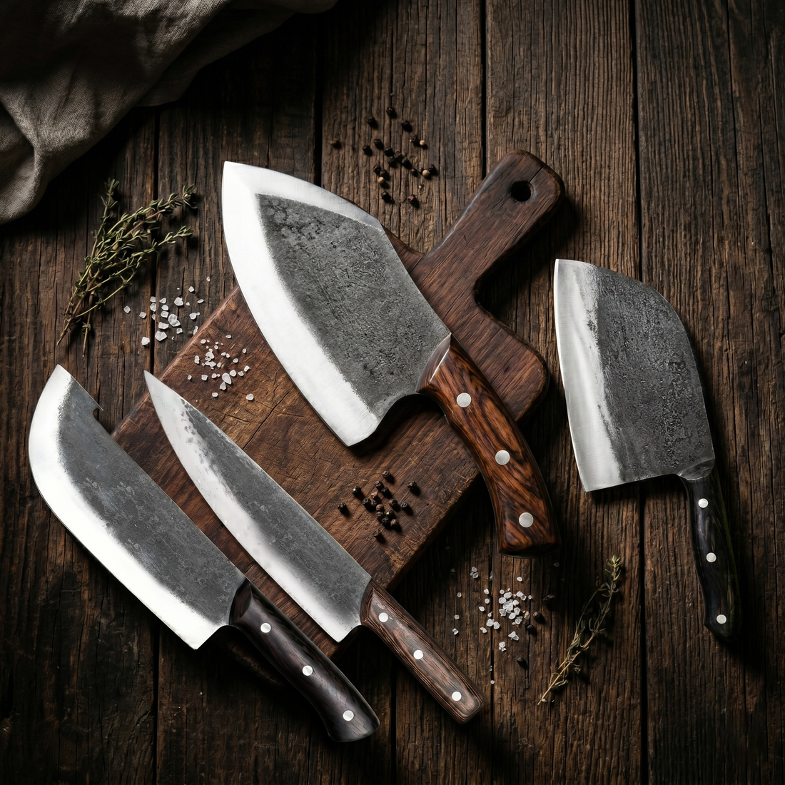 Mastercraft 4 piece hand forged knife set on a cutting board, hammer textured blades