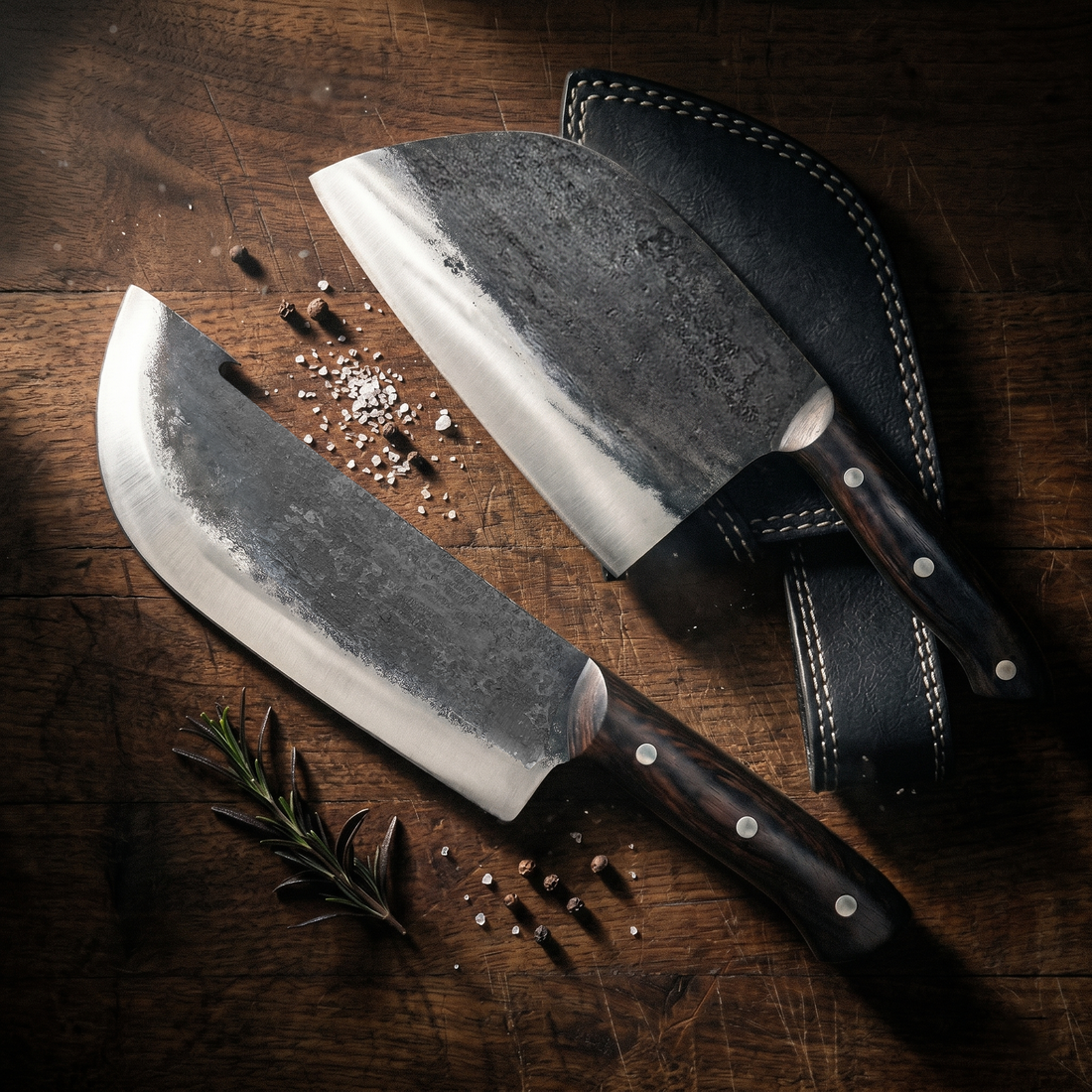 Meat Lover's Set 3 piece hand forged BBQ knife set with leather sheath, side view