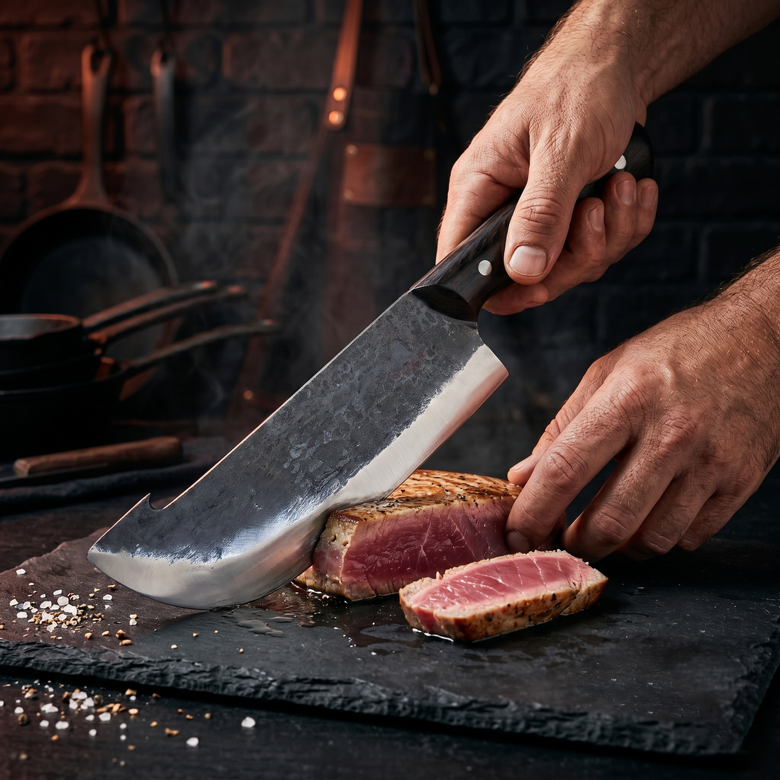Kraken 8 inch high carbon steel cleaver with black wenge handle, angled view