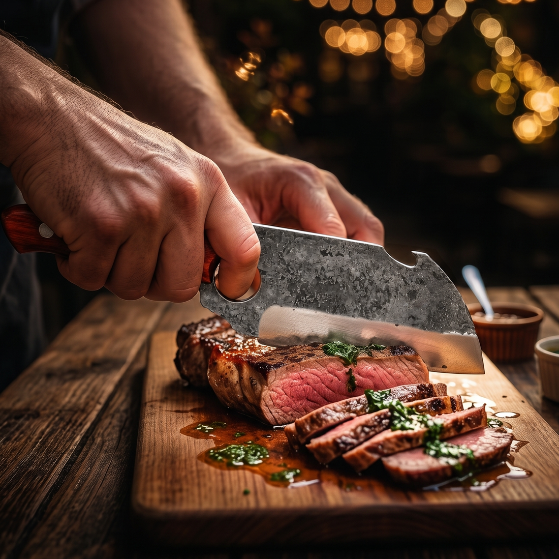 Small 5.5 inch hand forged cleaver cutting steak, hammer textured high carbon blade