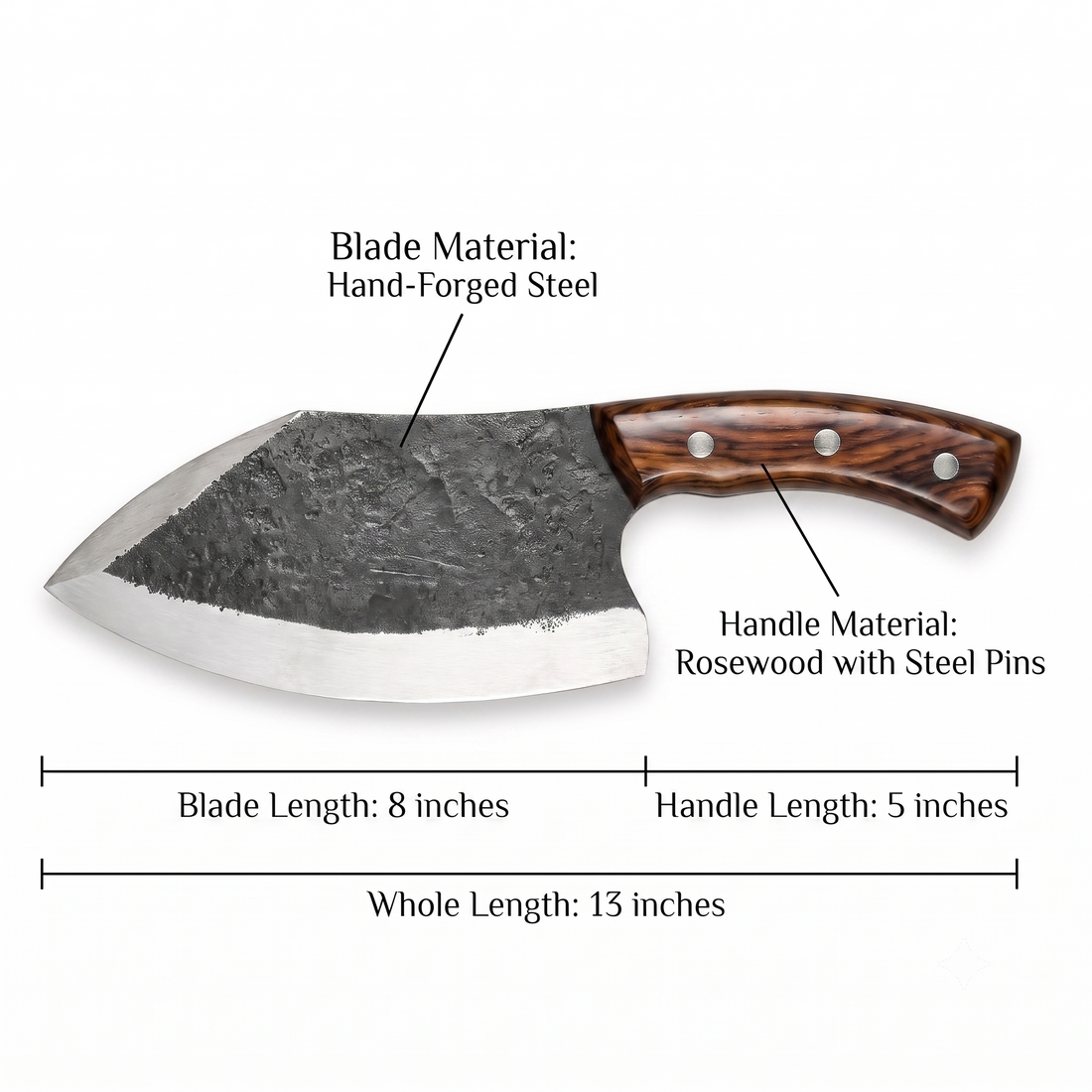 Kodiak 8 inch cleaver shown with measurements, drop point high carbon steel blade
