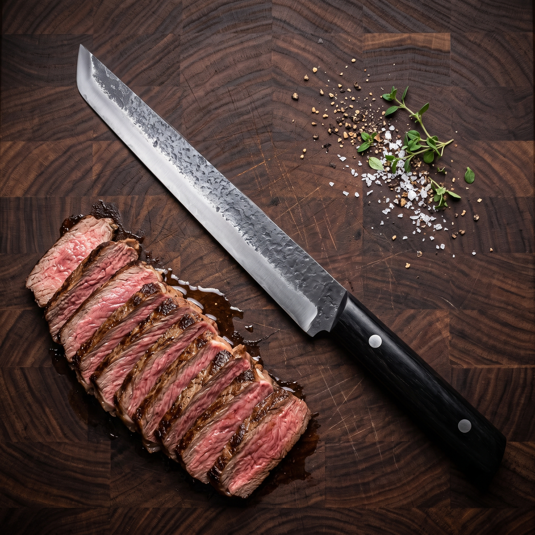 Mamba long hand forged slicing knife next to a sliced steak
