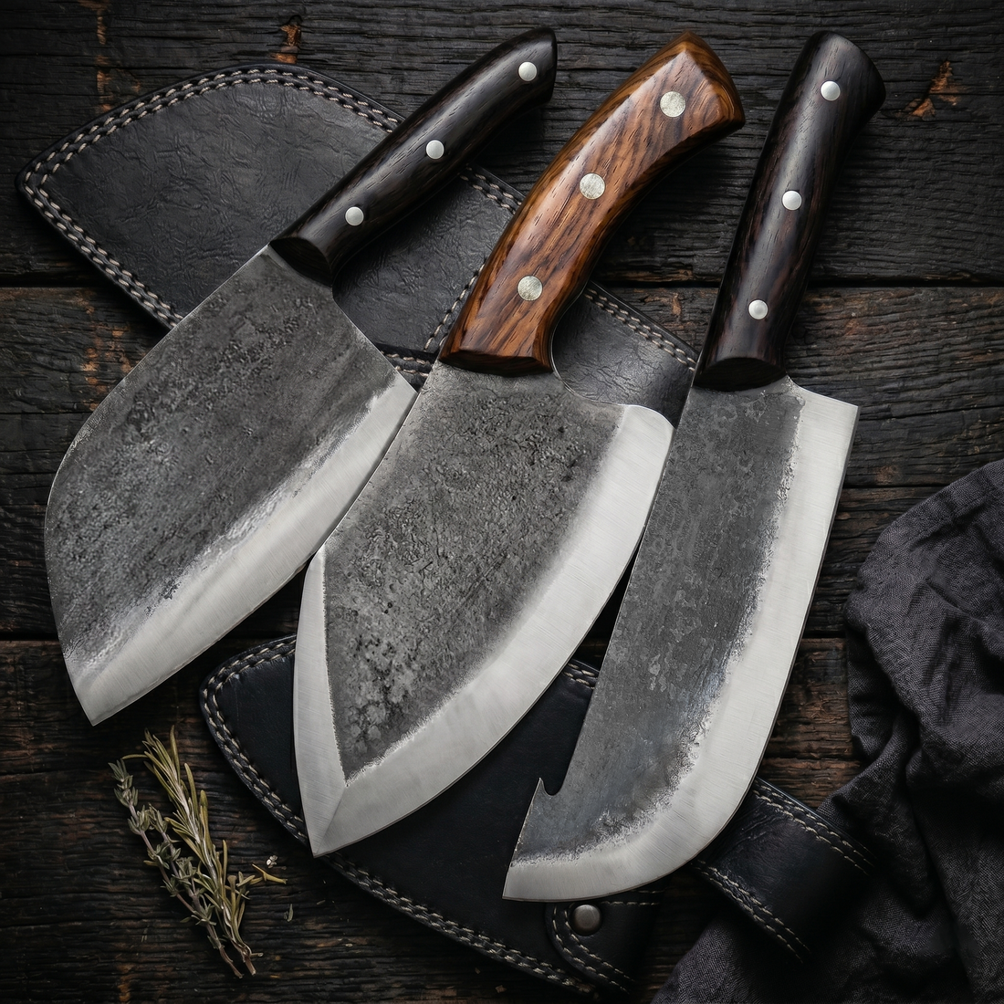 Mastercraft hand forged cleavers pictured with leather sheaths, high carbon steel blades