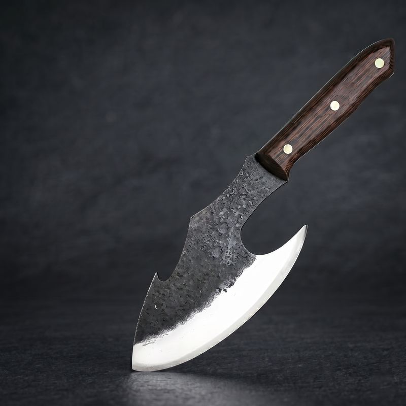 Megalodon 6.6 inch hand forged meat cleaver with a finger hole in the blade and a wenge handle