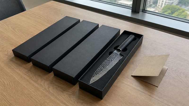 Hand forged chef knife in an open black gift box beside matching boxes on an office table