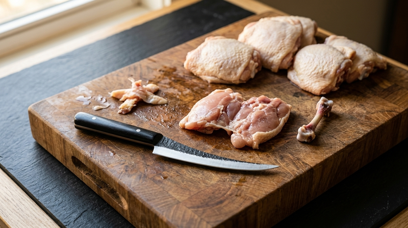 Mako hand forged boning knife on a board with raw chicken thighs and one deboned thigh