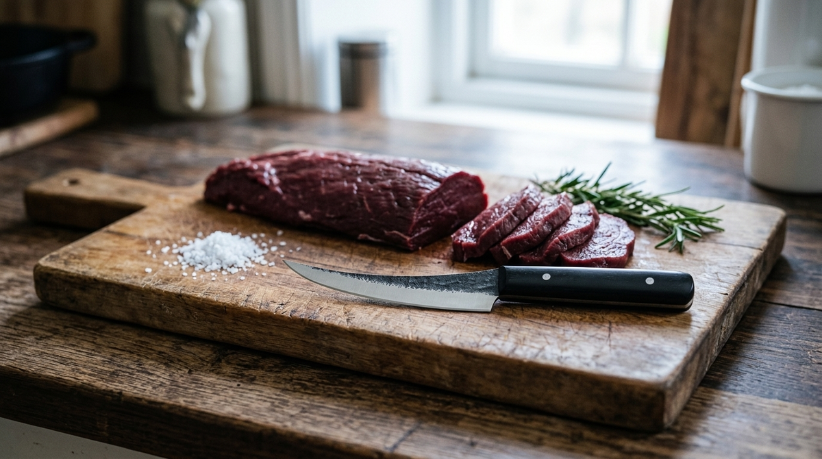 Mako hand forged boning knife on a wooden board beside raw venison backstrap and steaks