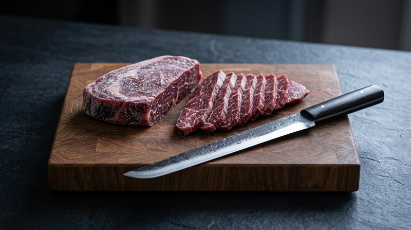 Mamba hand forged slicing knife beside a partly frozen steak and thin slices for stir fry