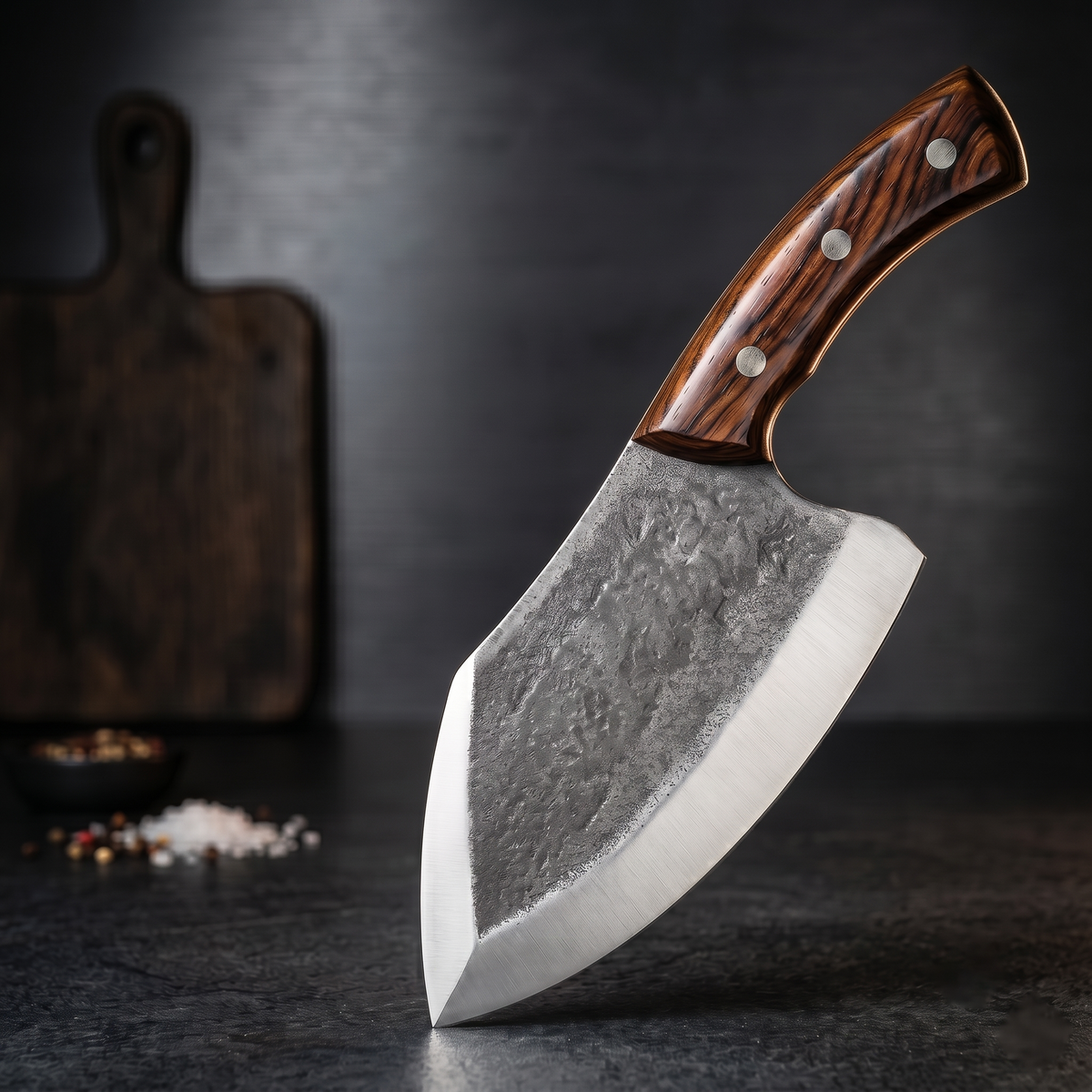 Kodiak 8 inch hand forged butcher cleaver with a drop point blade and rosewood handle
