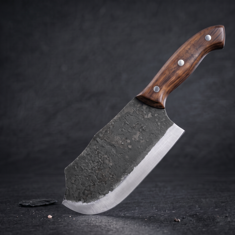 Rhino 8 inch hand forged cleaver with a walnut handle and dark forge scale on the blade