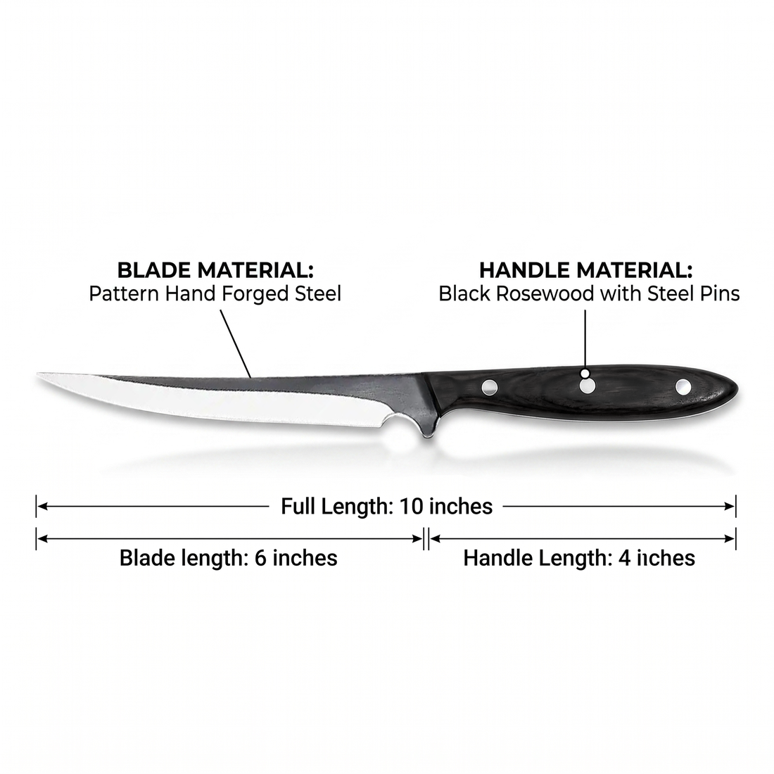 Barracuda 10 inch fish fillet knife, full length view of the hand forged blade