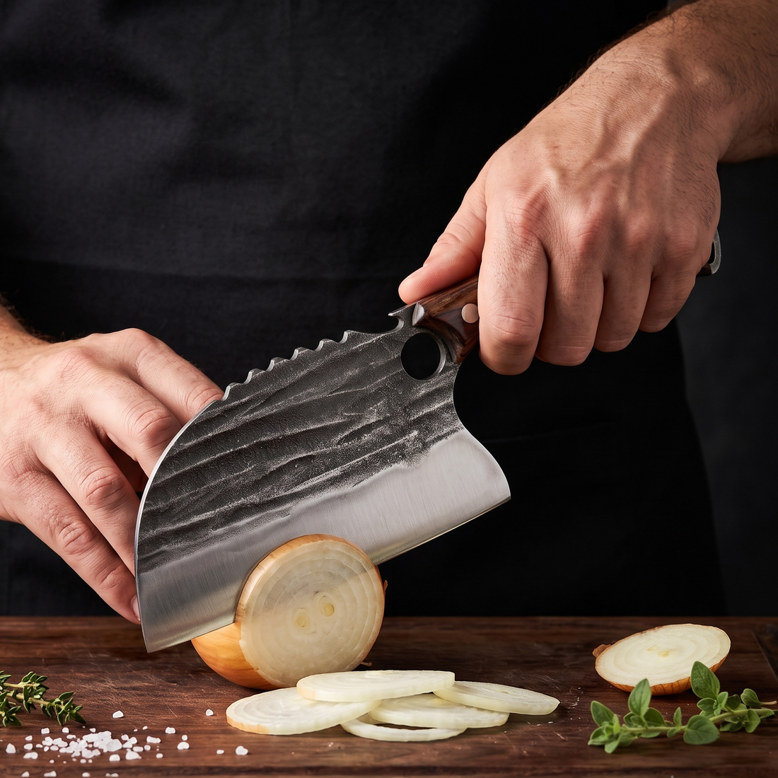Razorback 6 inch meat cleaver in high carbon steel, alternate angle of the blade