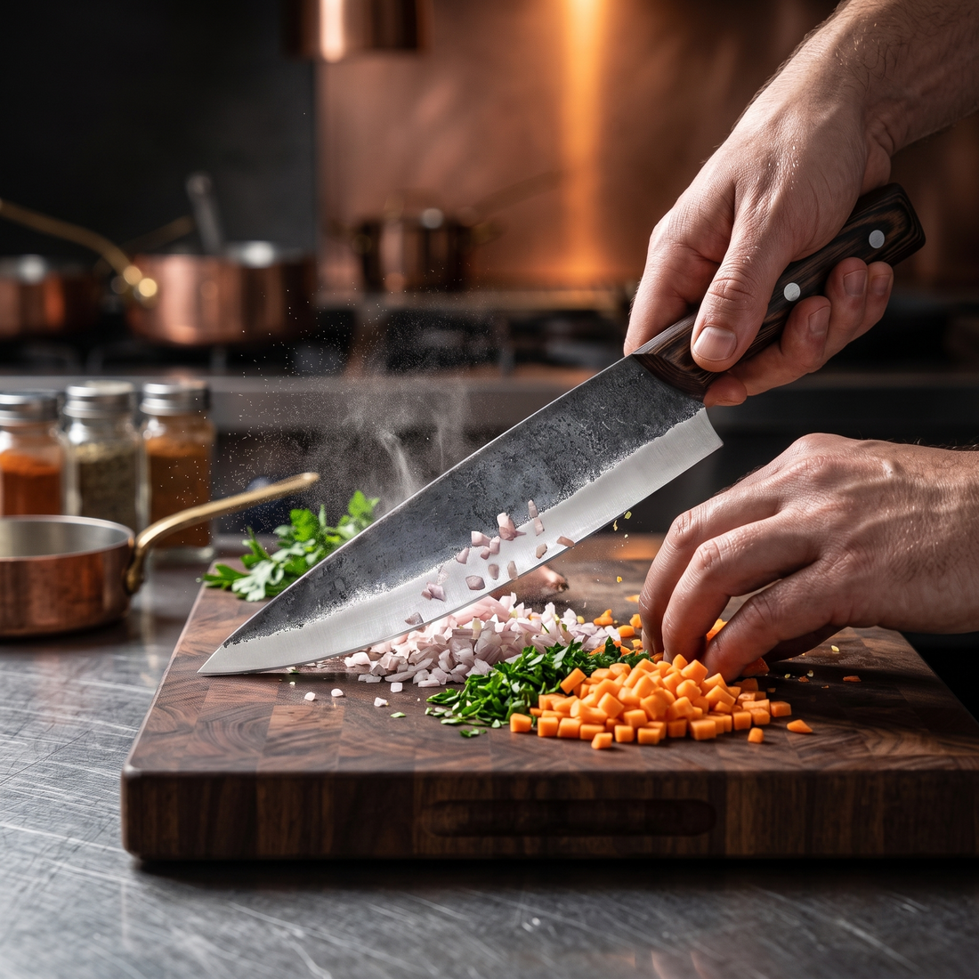 Ironclad 8.7 inch hand forged chef knife showing polished edge and hammered spine