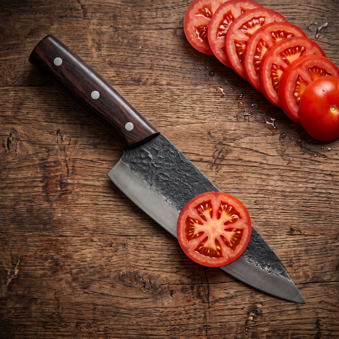 Orca 7 inch chef knife, alternate view of the black rosewood handle and blade