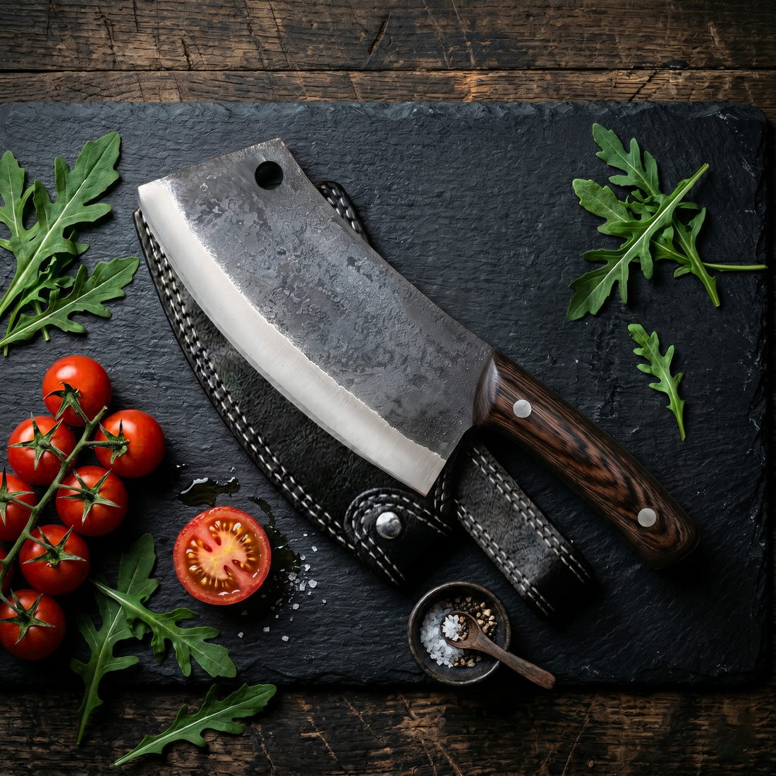 Kermode hand forged chef cleaver with tall high carbon steel blade, side view