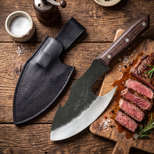 Megalodon hand forged cleaver with finger hole, shown for skinning and steak prep