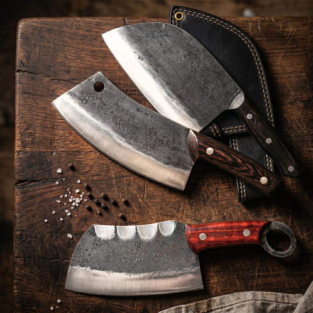 Hand forged chef knife and cleaver set chopping on a board, full tang blades