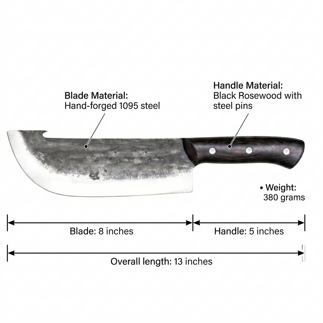 Kraken hand forged cleaver with hammer textured blade, shown for meat and fish prep