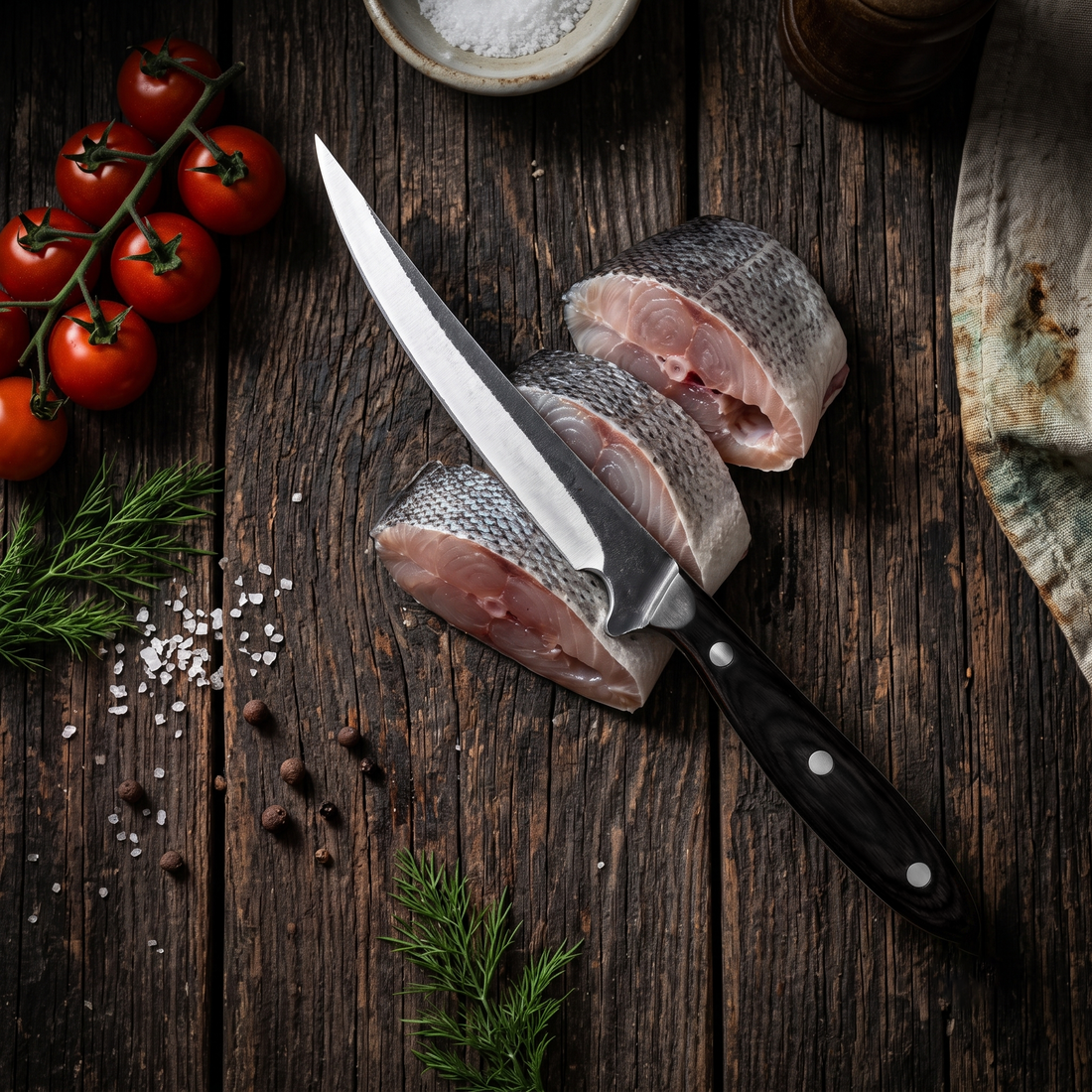 Barracuda 13 inch long fillet knife with black handle, alternate side view