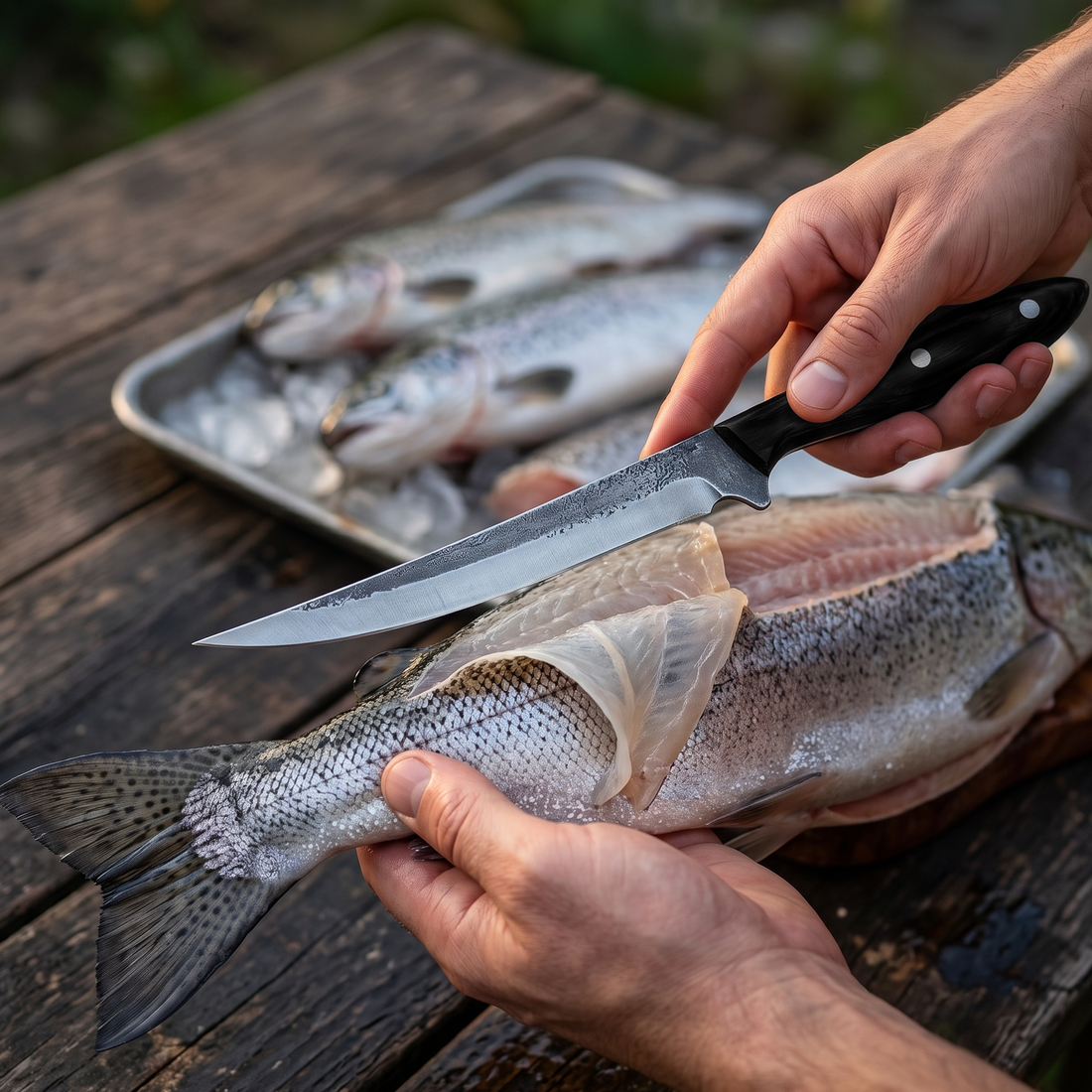 Barracuda hand forged fishing fillet knife with hammer textured high carbon steel
