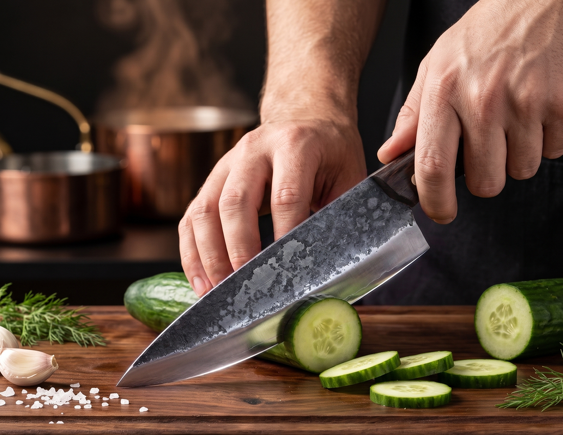 Orca hand forged chef knife showing the high carbon steel blade and full tang handle