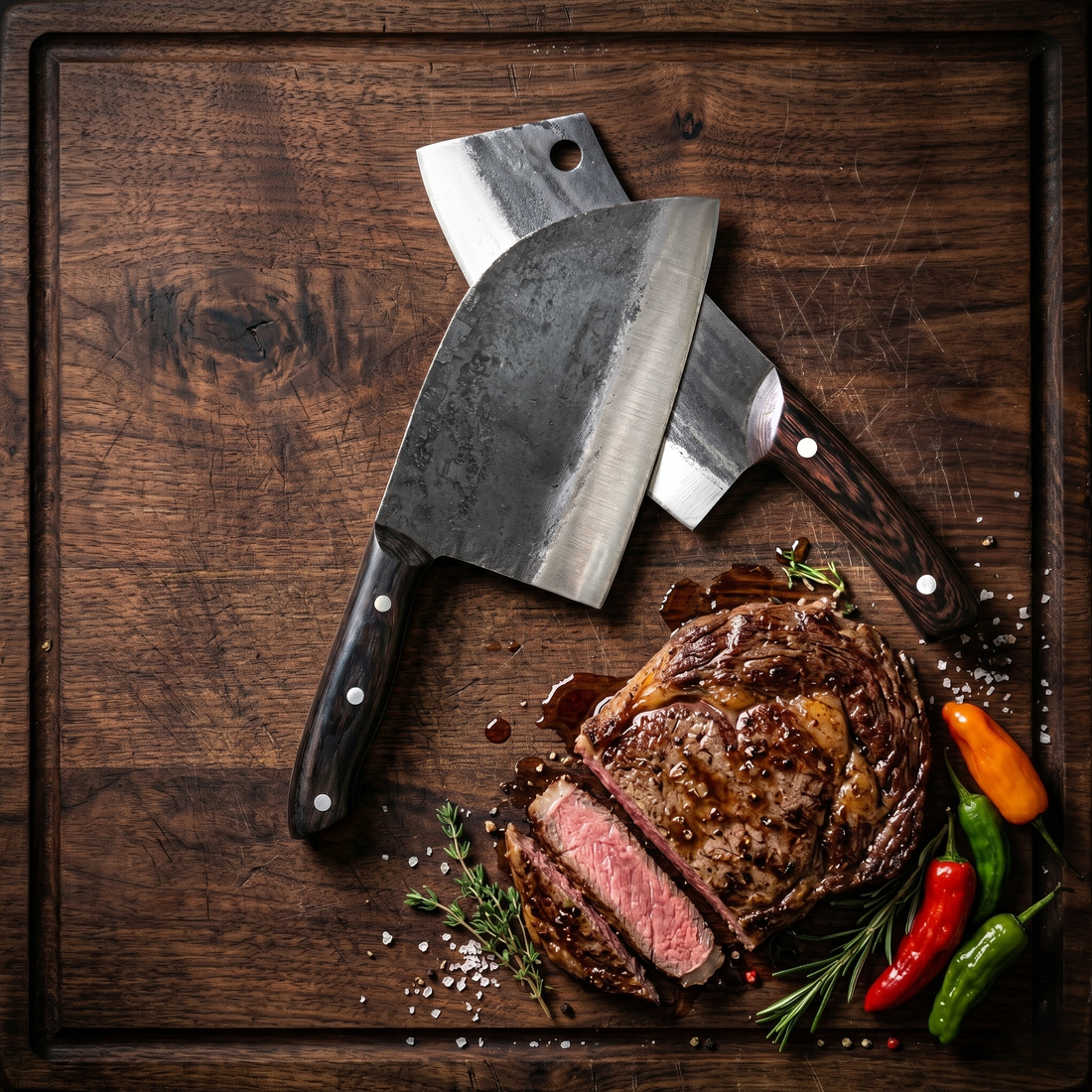 Aurochs 6 inch cleaver with black rosewood handle and steel pins, handle detail