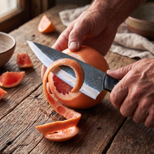 Orca hand forged chef knife for everyday prep, black rosewood handle detail view