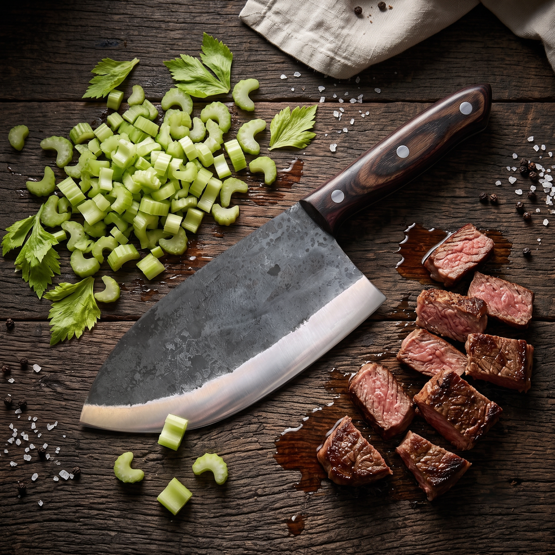 Hand forged butcher cleaver with full tang and steel pinned rosewood handle, detail view