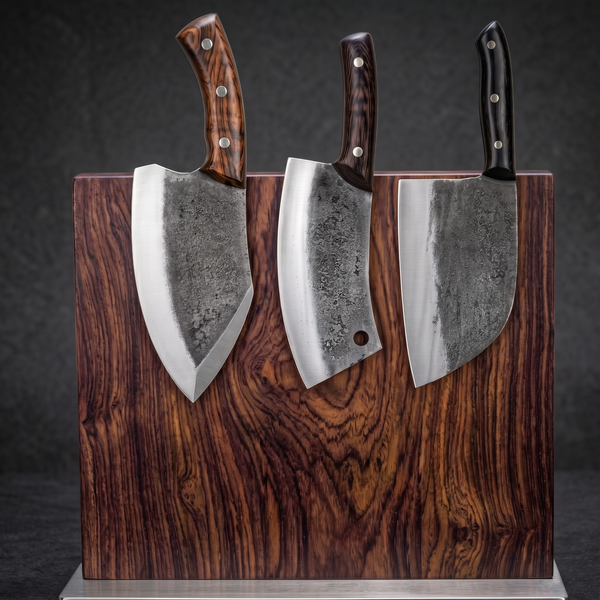 Butcher's Trio hand forged cleaver set pictured on a wooden stand, three high carbon blades