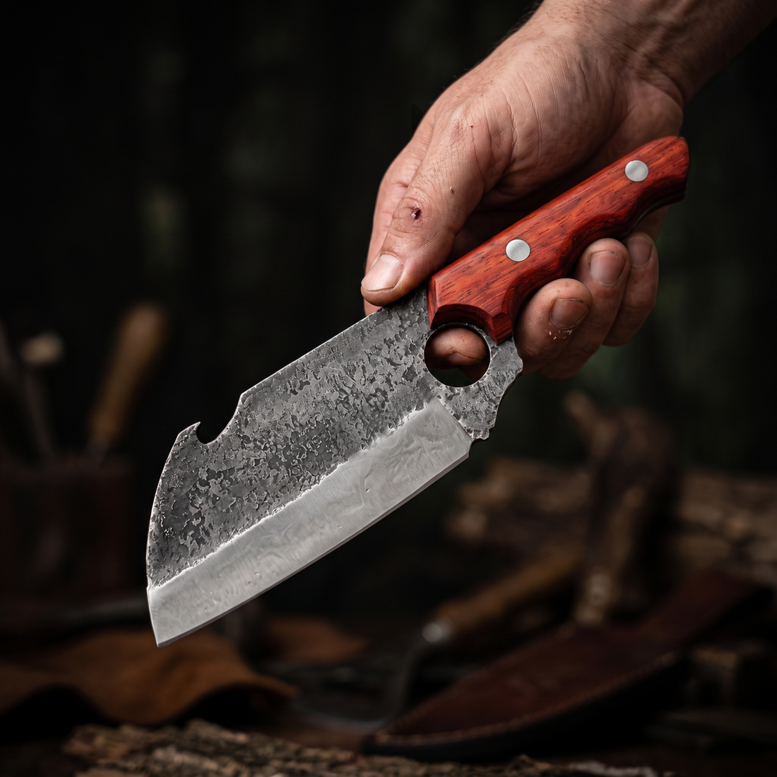 Small hand forged cleaver held in hand, showing the finger hole grip and Padauk handle